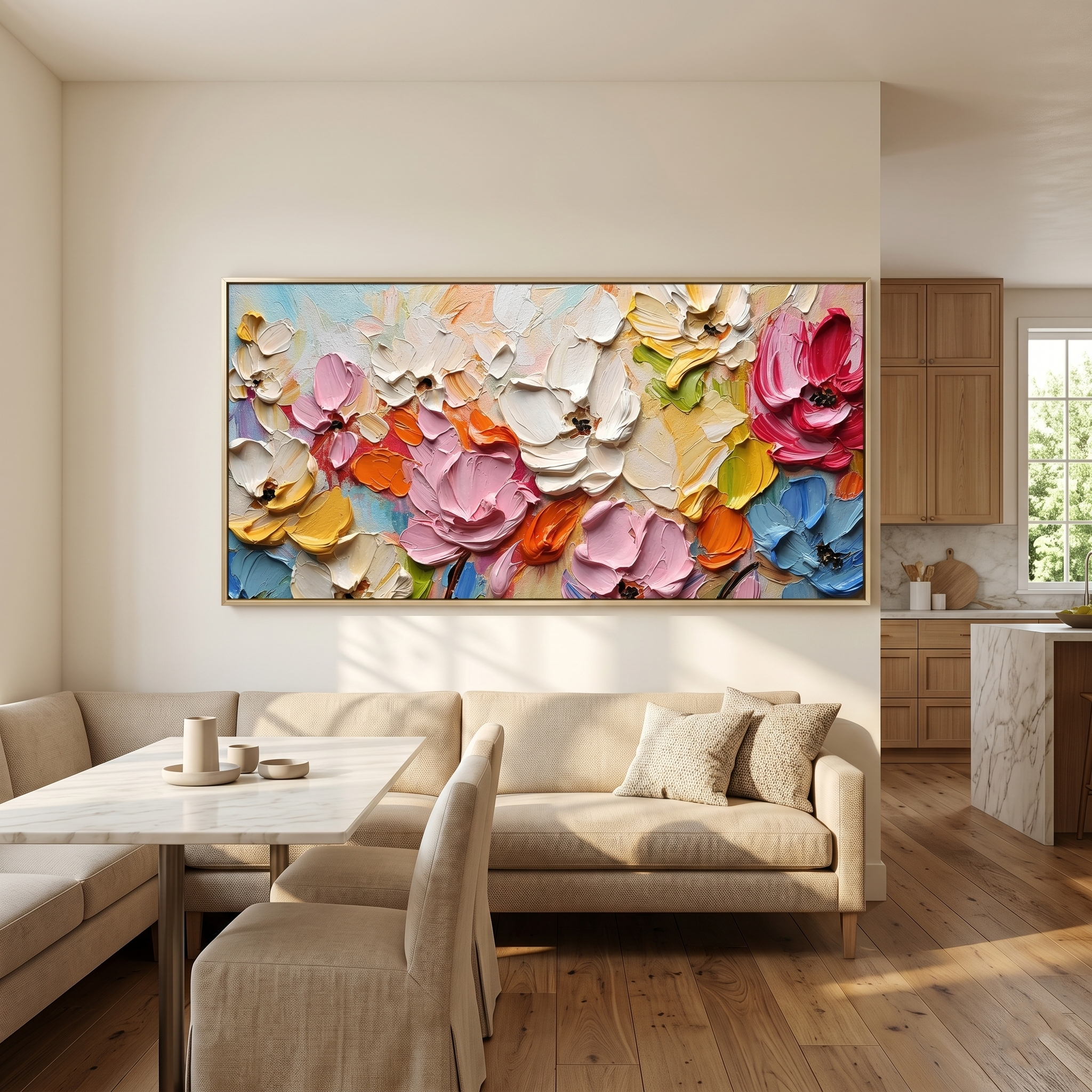 "Chromatic Bloom" – 3D Heavy Impasto Floral Panorama | Vibrant Textured Statement Art