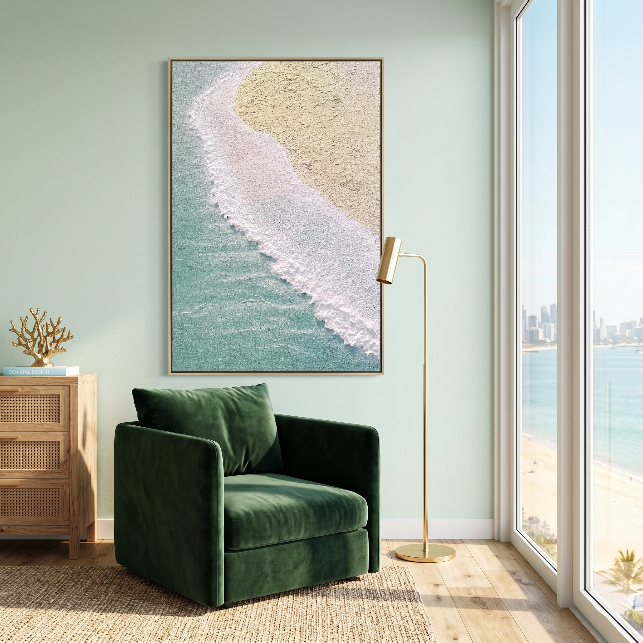 "Azure Crest" – Extreme 3D Heavy Impasto Coastal Abstract | Vertical Seafoam & Sand Statement Art