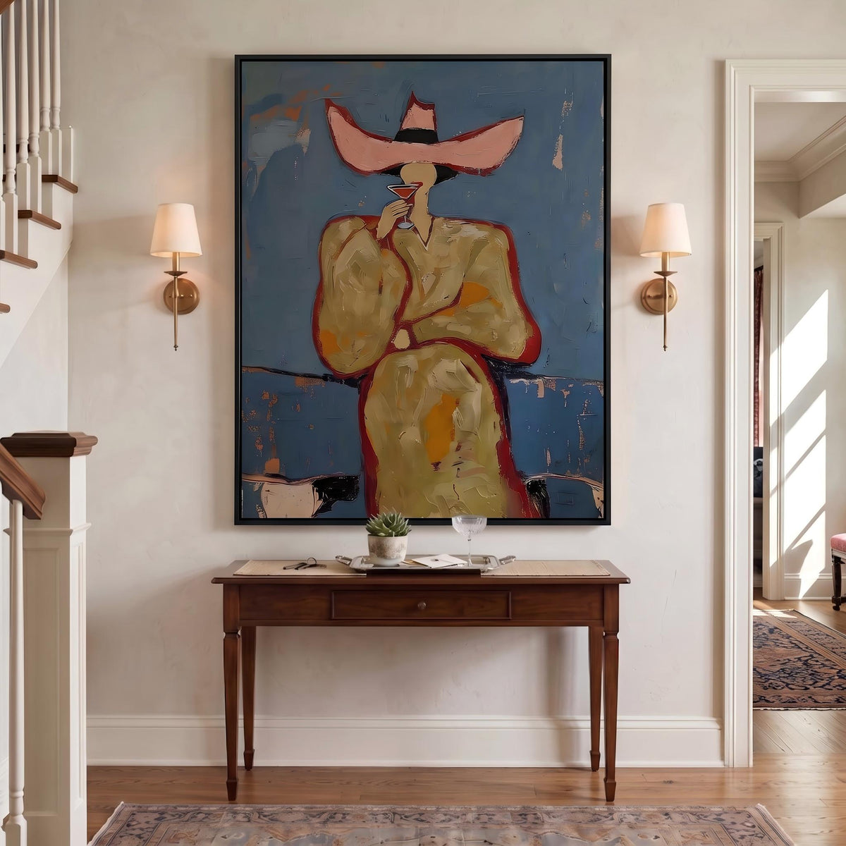 "Pink cowboy hat woman drinking cocktail" - Modern Heavy Impasto Western Animal Artwork | Golden & Orange Palette Knife Painting | Luxury Vertical Wall Art #YK 1576