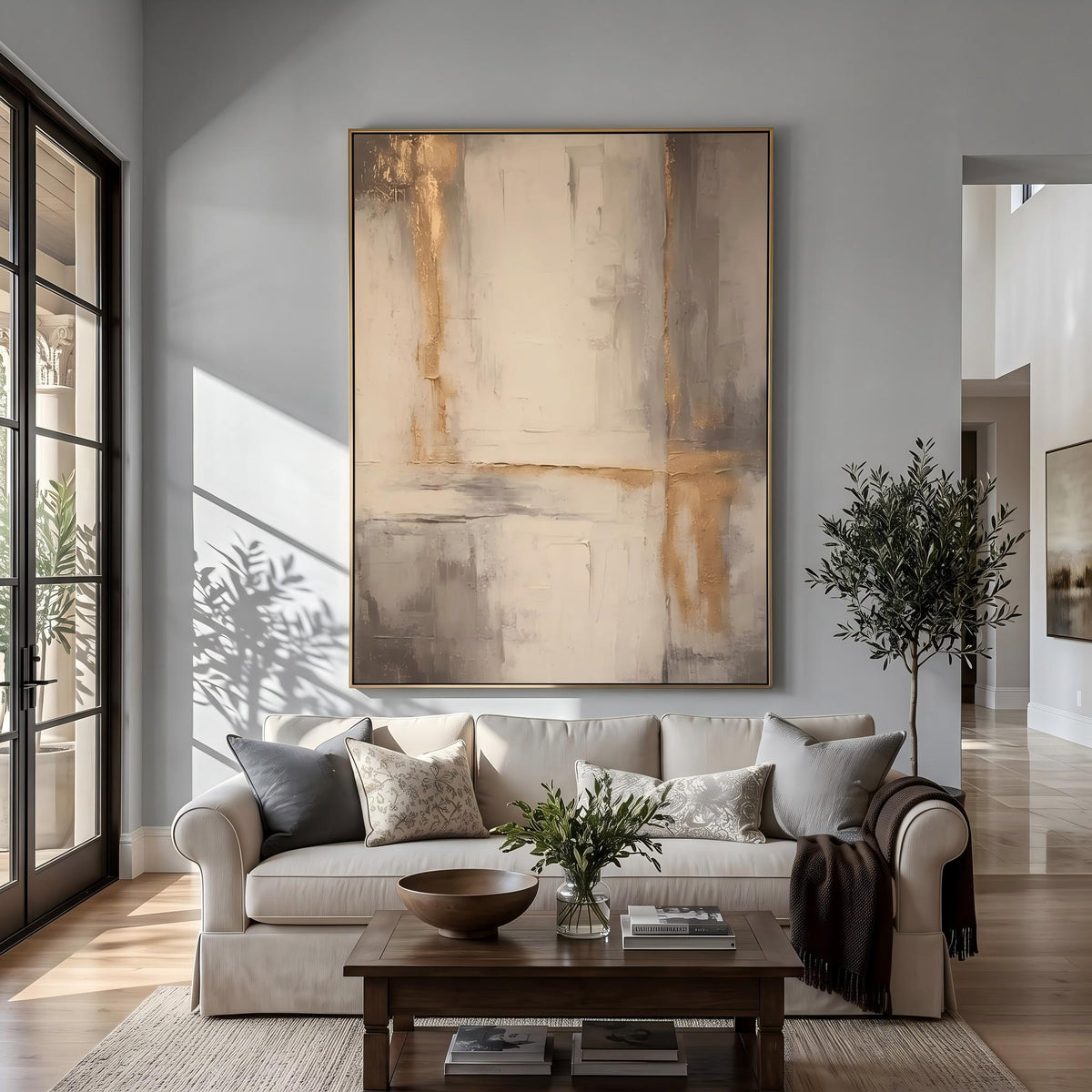 "Gold Foil Luxury" - Modern Heavy Impasto Abstract Artwork | Beige & White Palette Knife Painting | Luxury Vertical Wall Art #YK 1559