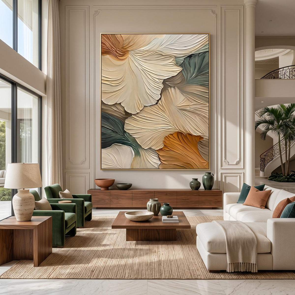 "Abstract Ginkgo Leaf" - Modern Heavy Impasto Botanical Tree Artwork | Beige Palette Knife Painting | Luxury Vertical Wall Art #YK 1548