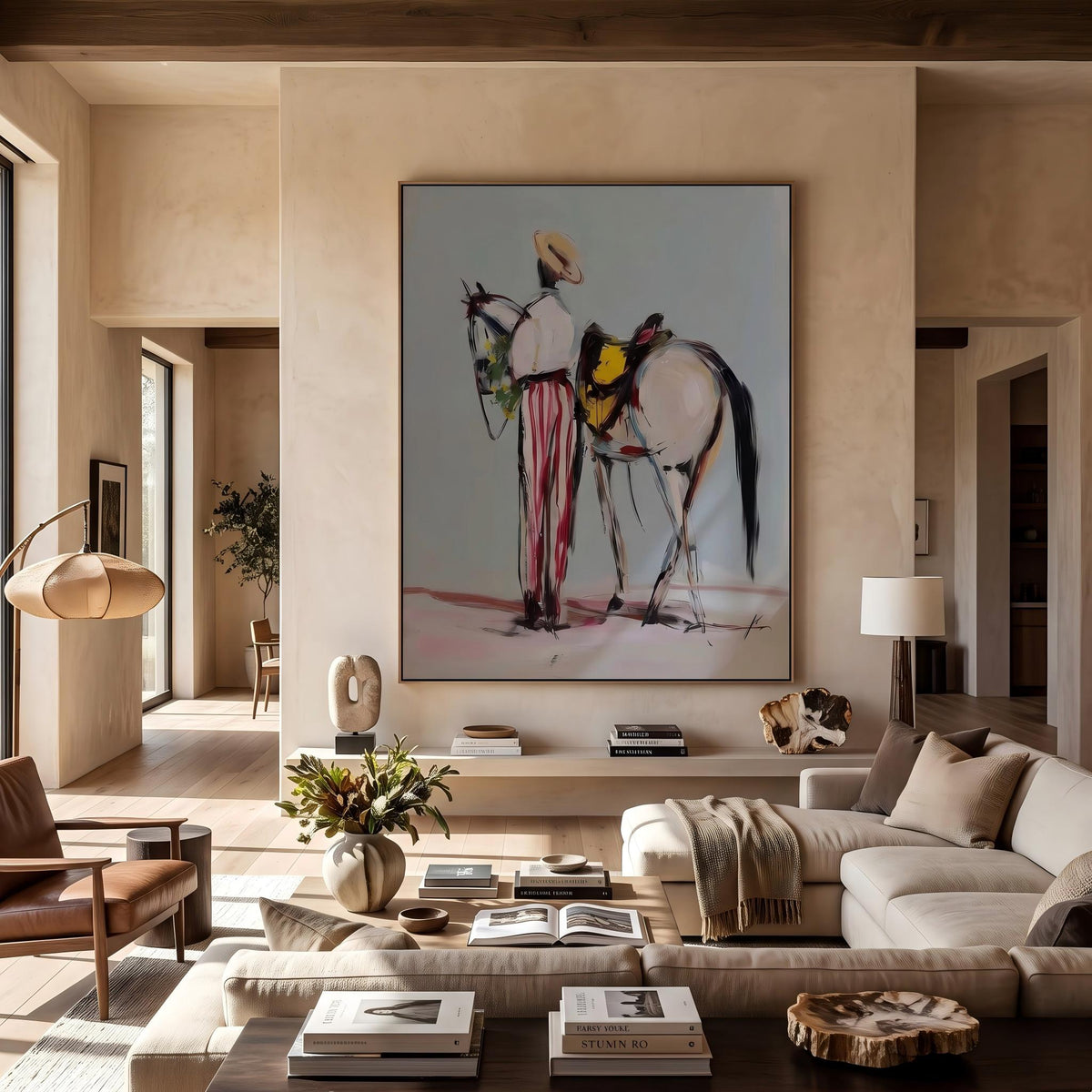 "Western Cowboy and Horse" - Modern Heavy Impasto Western Animal Artwork | White Palette Knife Painting | Luxury Vertical Wall Art #YK 1570