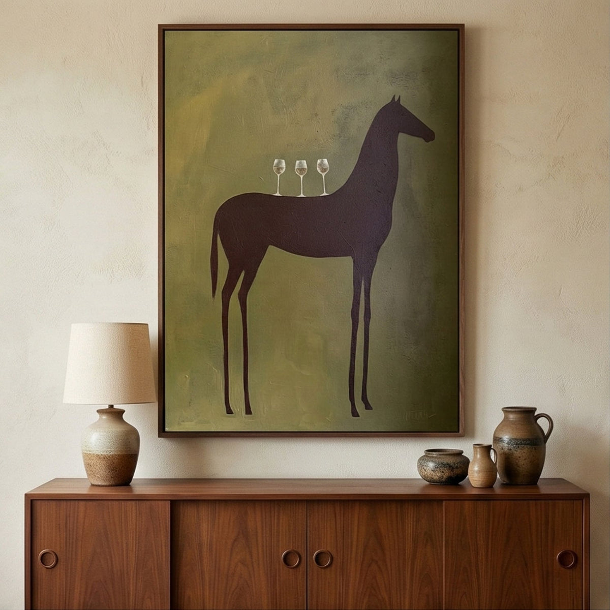 "Quiet Toast" - Modern Heavy Impasto Western Animal Artwork | Green Palette Knife Painting | Luxury Vertical Wall Art #YK 1592