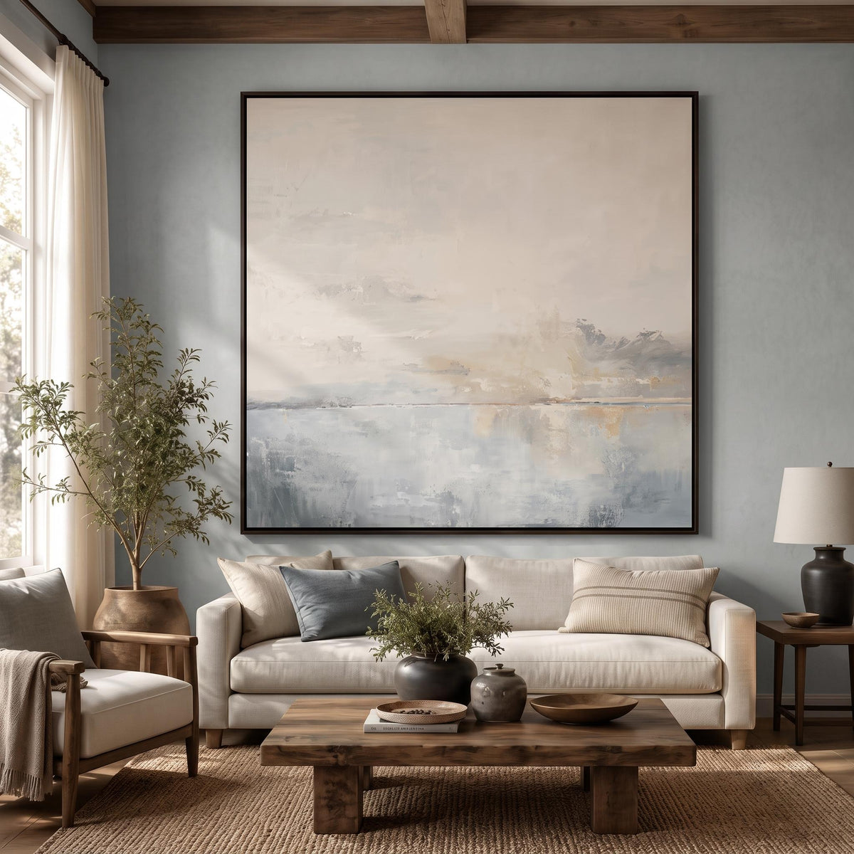 "Square Hazy Abstract Seascape" - Modern Heavy Impasto Coastal Landscape | Beige Palette Knife Painting | Luxury Square Wall Art #YK 1616
