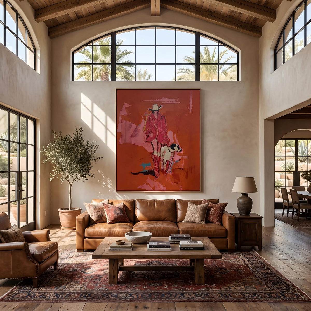"Cowgirl and Dog" - Modern Heavy Impasto Dog Portrait Artwork | Pink Palette Knife Painting | Luxury Vertical Wall Art #YK 1583
