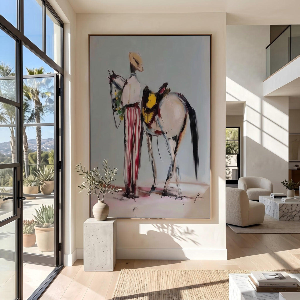 "Western Cowboy and Horse" - Modern Heavy Impasto Western Animal Artwork | White Palette Knife Painting | Luxury Vertical Wall Art #YK 1570
