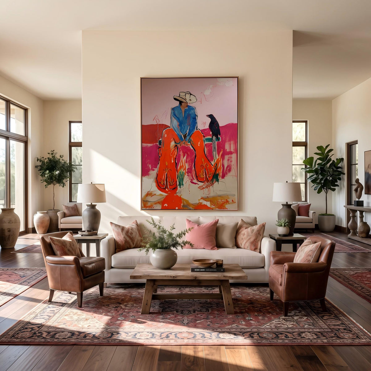 "Crow Cowboy" - Modern Heavy Impasto Western Animal Artwork | Pink Palette Knife Painting | Luxury Vertical Wall Art #YK 1582