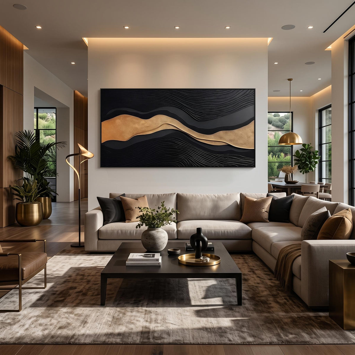 "Luxury Black‑Gold Layered Mountain" - Modern Heavy Impasto Landscape Artwork | Beige Palette Knife Painting | Luxury Horizontal Wall Art #YK 1545