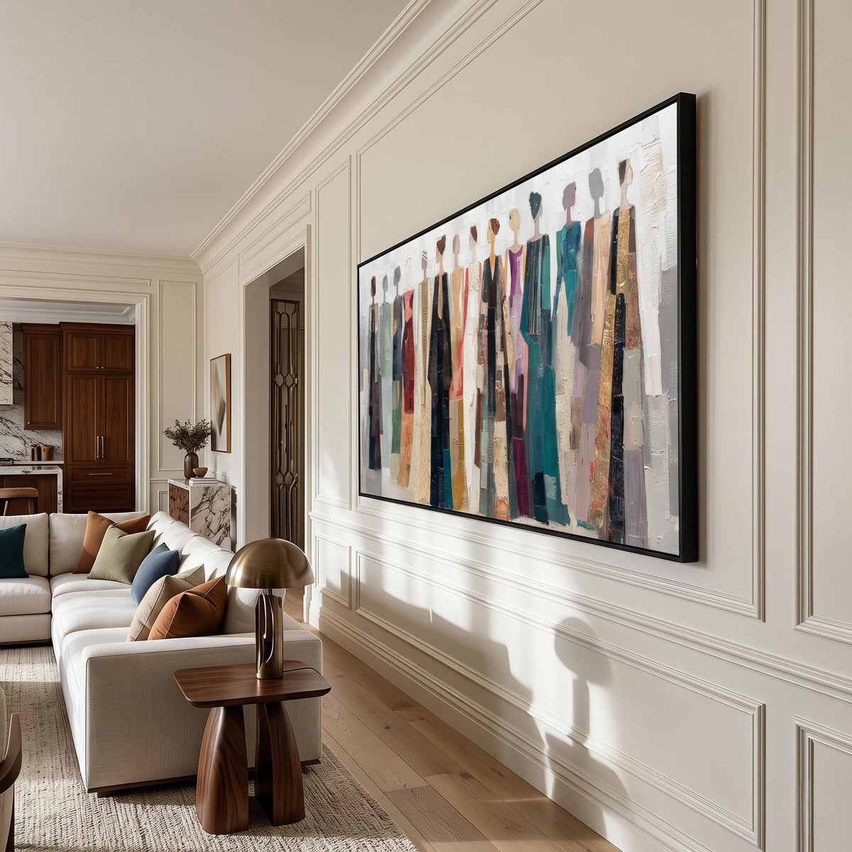 "Colorful Dressed Women Wall" - Modern Heavy Impasto Abstract Artwork | Beige Palette Knife Painting | Luxury Horizontal Wall Art #YK 1552