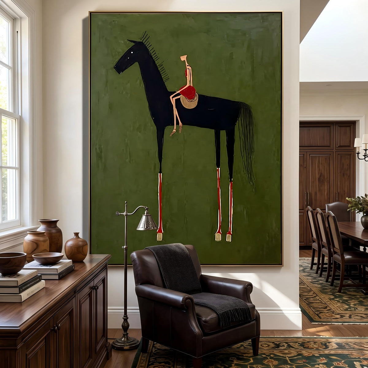 "Black Horse & Rider" - Modern Heavy Impasto Western Animal Artwork | Green Palette Knife Painting | Luxury Vertical Wall Art #YK 1558