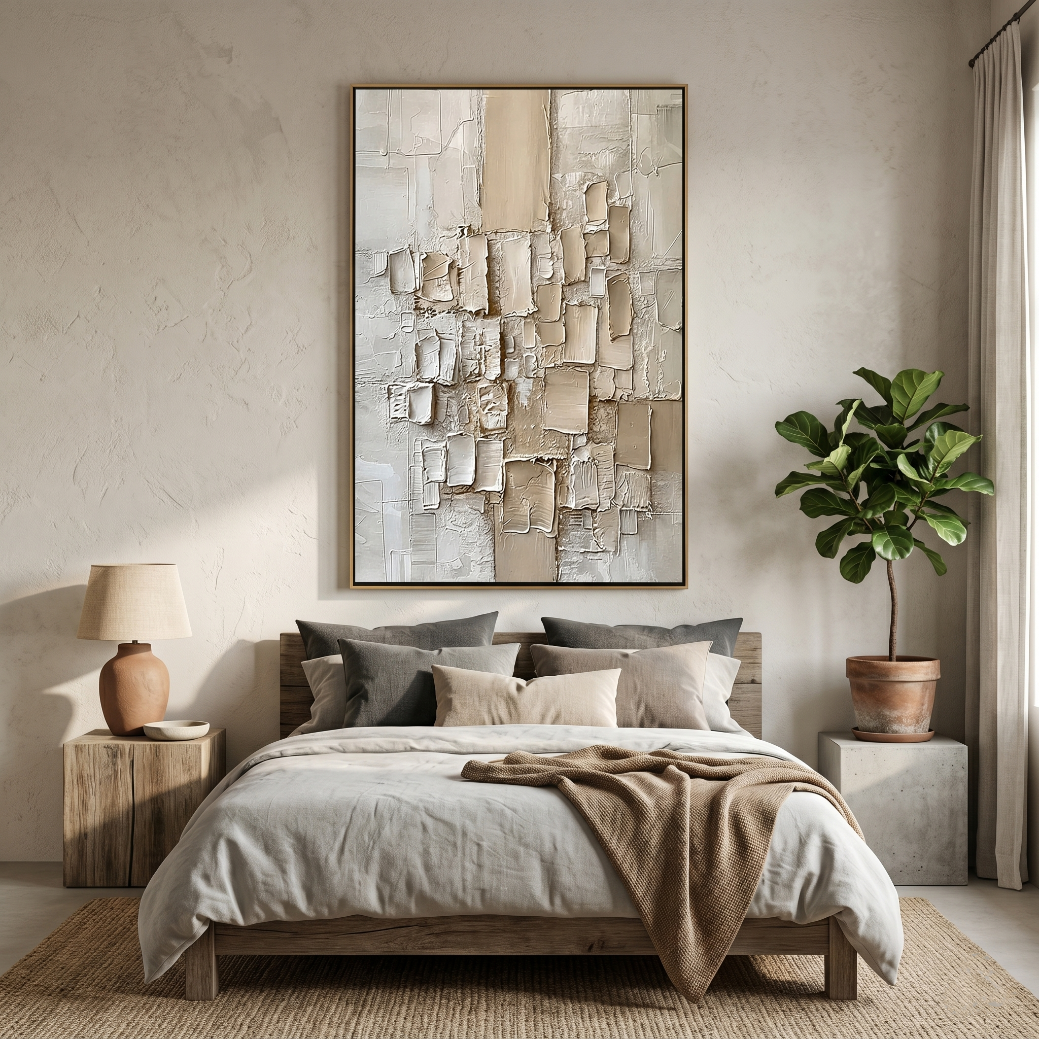 "Grounded Form" – Modern 3D Heavy Impasto Geometric Relief | Neutral Vertical Statement Art