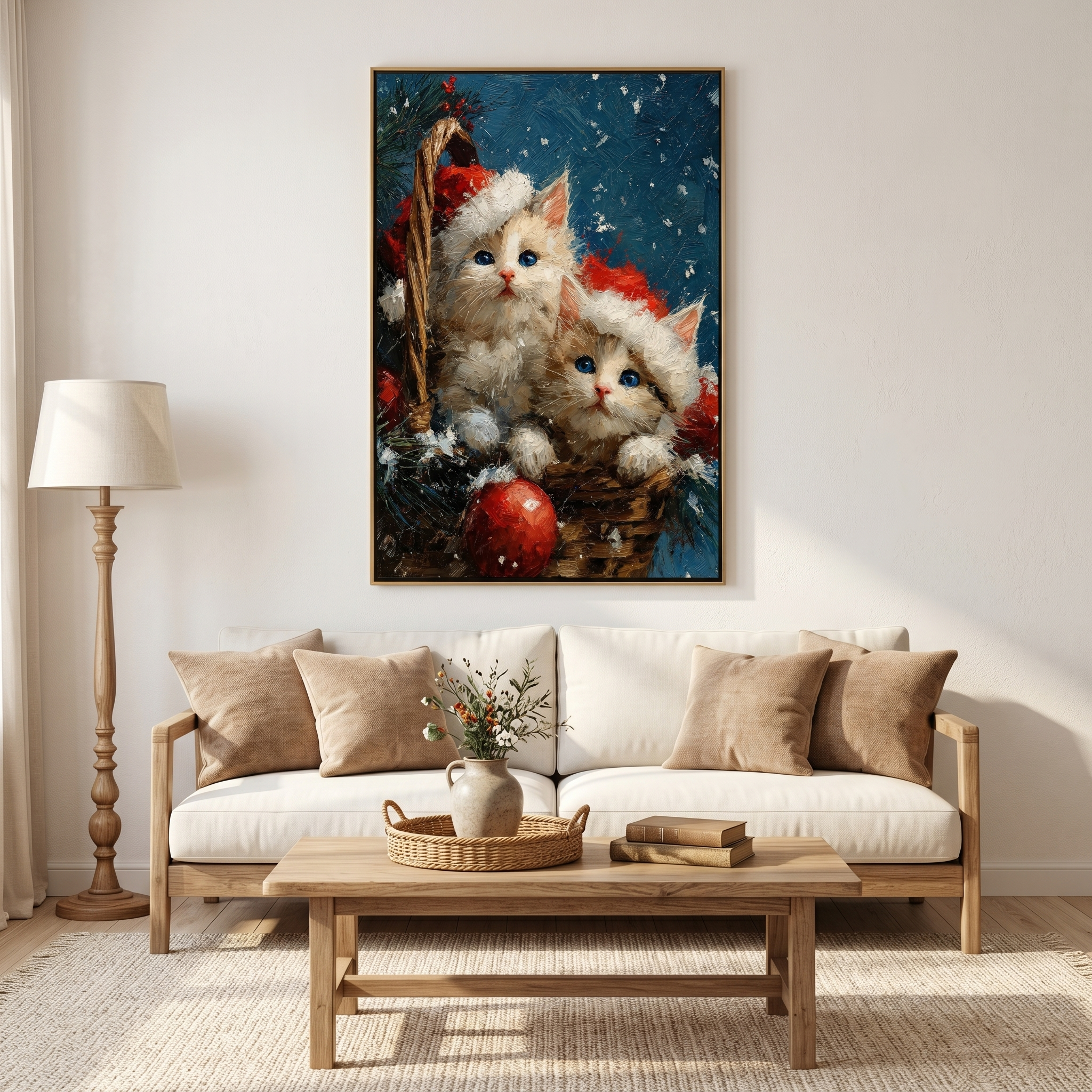 "Yuletide Kittens" – Whimsical 3D Heavy Impasto Holiday Relief | Festive Modern Statement Art