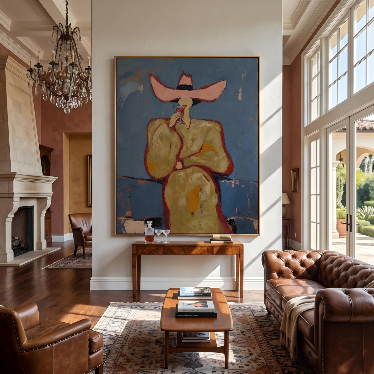 "Pink cowboy hat woman drinking cocktail" - Modern Heavy Impasto Western Animal Artwork | Golden & Orange Palette Knife Painting | Luxury Vertical Wall Art #YK 1576