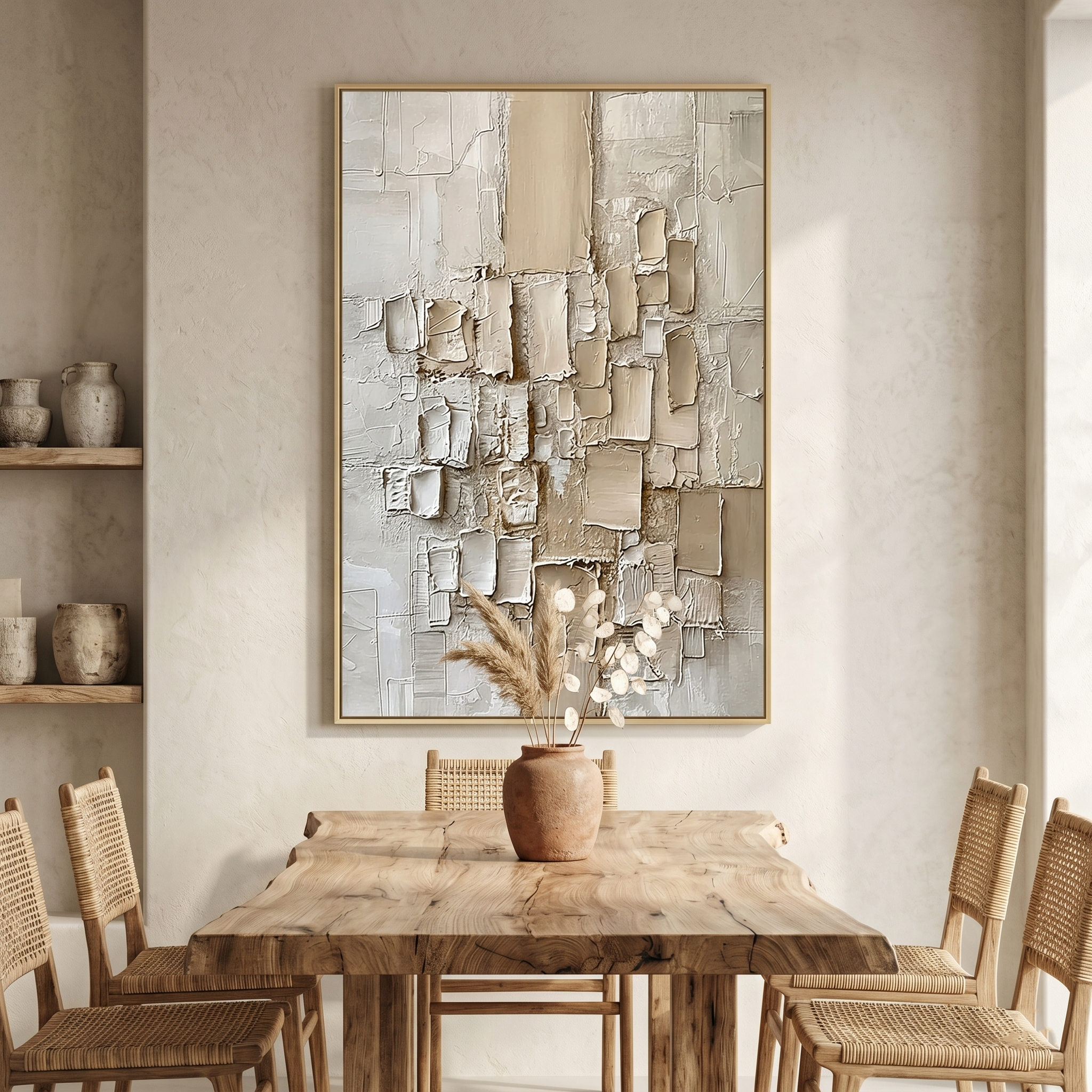 "Grounded Form" – Modern 3D Heavy Impasto Geometric Relief | Neutral Vertical Statement Art