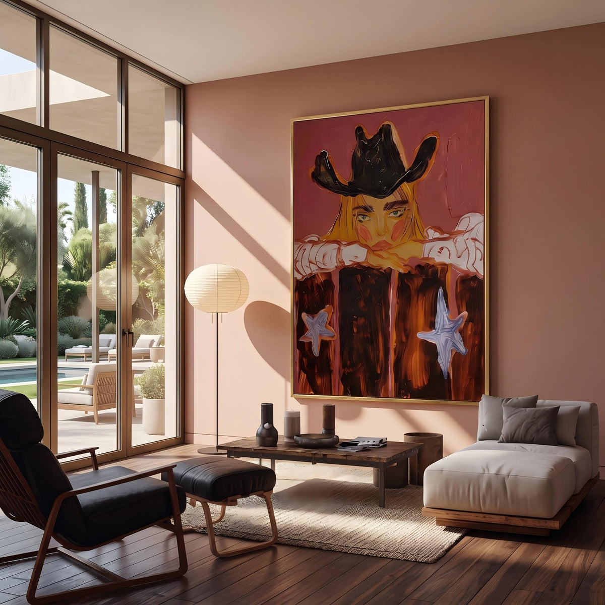 "Western Cowboy Girl" - Modern Heavy Impasto Western Animal Artwork | Orange Palette Knife Painting | Luxury Vertical Wall Art #YK 1580
