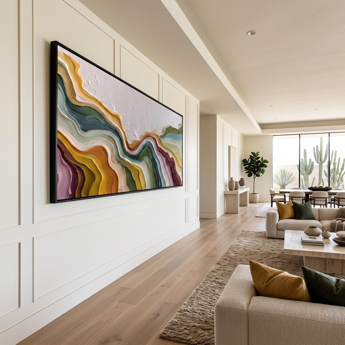 "Color Flowing Layer" - Modern Heavy Impasto Abstract Artwork | Beige Palette Knife Painting | Luxury Horizontal Wall Art #YK 1551