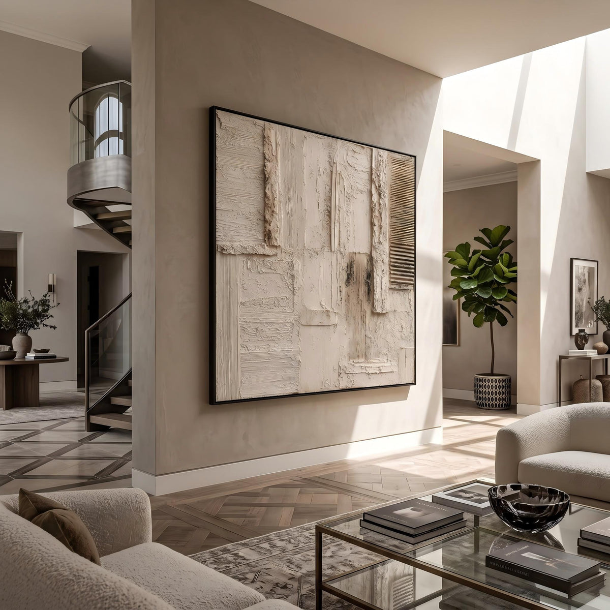 "Cream 3D Abstract" - Modern Heavy Impasto Abstract Artwork | 3D White Palette Knife Painting | Luxury Square Wall Art #YK 1557