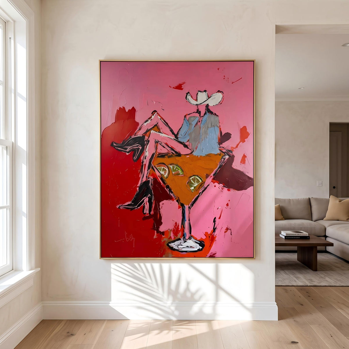 "Pink Cowgirl Cocktail" - Modern Heavy Impasto Western Animal Artwork | Pink Palette Knife Painting | Luxury Vertical Wall Art #YK 1584