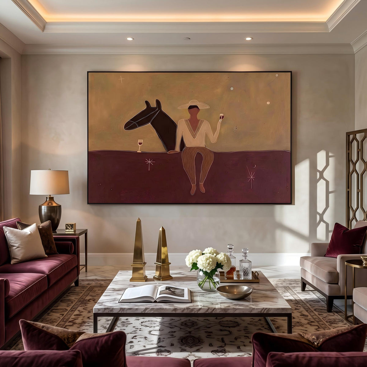 "Western Cowboy and Horse" - Modern Heavy Impasto Western Animal Artwork | Purple Palette Knife Painting | Luxury Horizontal Wall Art #YK 1569