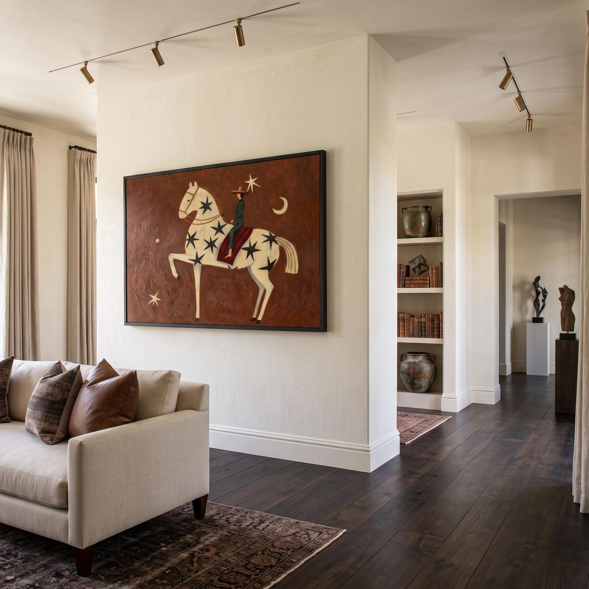 "Rust Red Stylized Horse With Moon & Stars" - Modern Heavy Impasto Western Animal Artwork | Orange Palette Knife Painting | Luxury Horizontal Wall Art #YK 1597