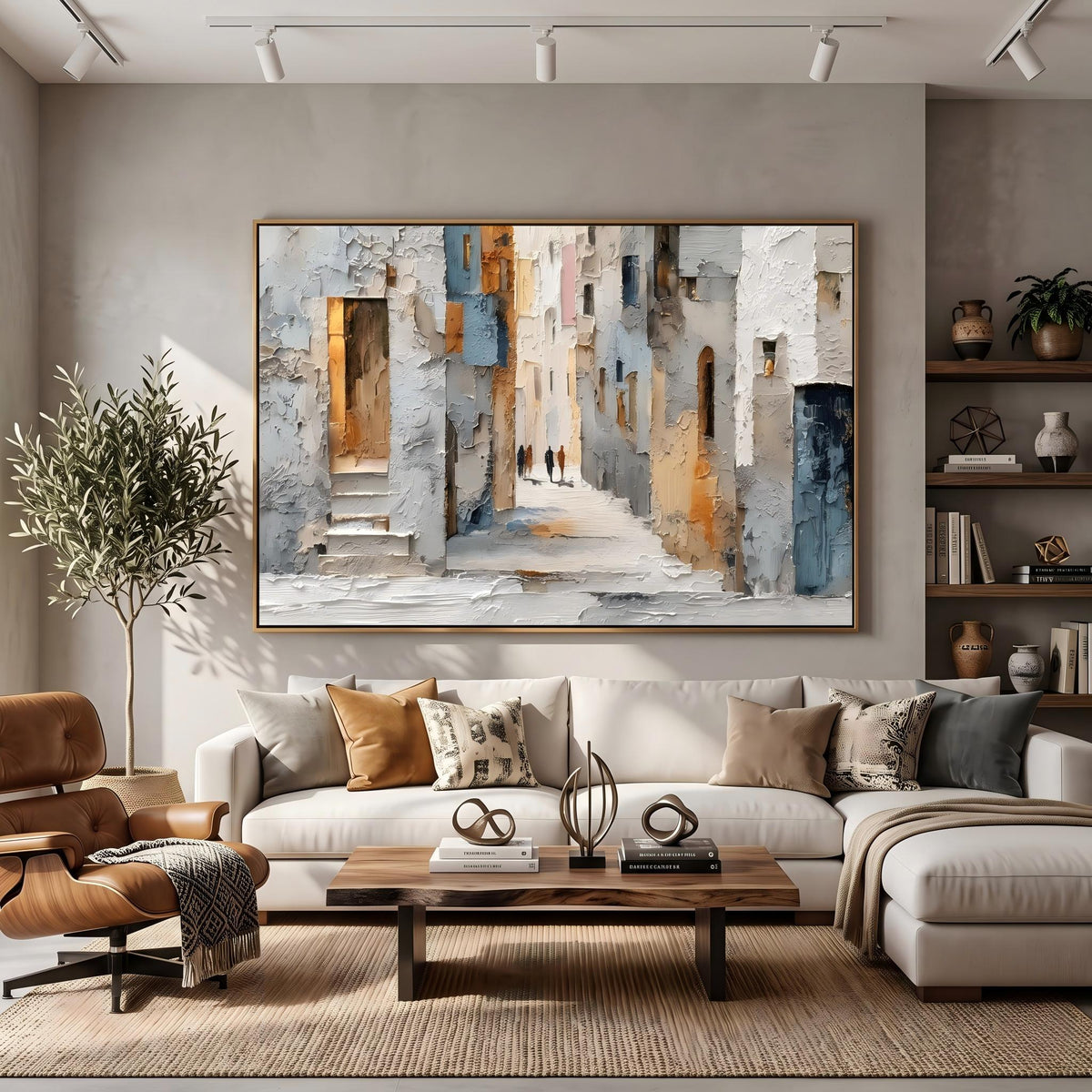 "European Old Town Street" - Modern Heavy Impasto Abstract Artwork | Beige & Grey Palette Knife Painting | Luxury Horizontal Wall Art #YK 1561