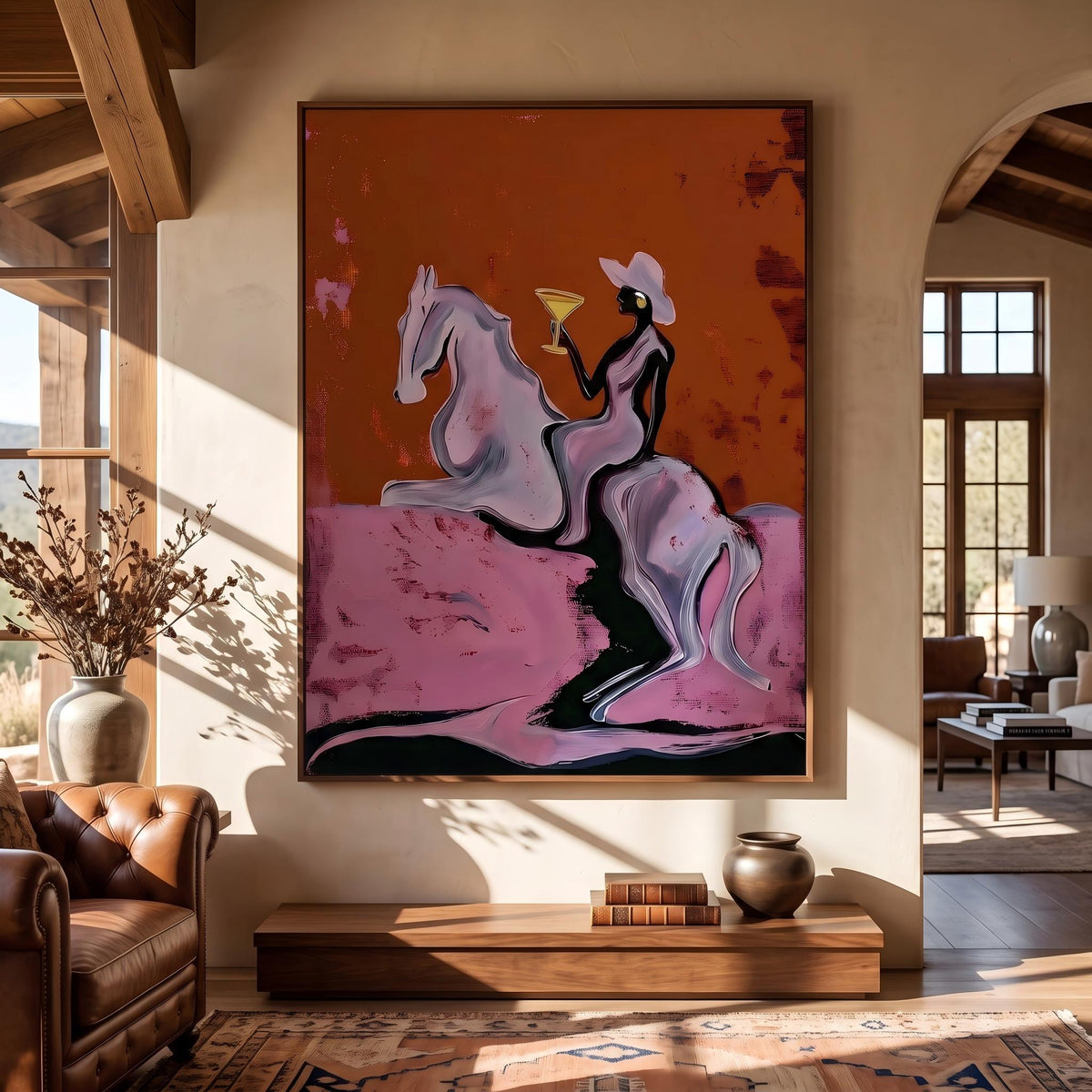 "Cowgirl Martini Ride" - Modern Heavy Impasto Western Animal Artwork | Pink Palette Knife Painting | Luxury Vertical Wall Art #YK 1571