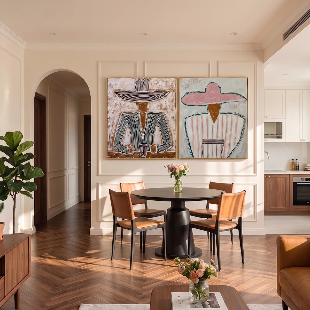 "Double Wide Striped Hat Western Cowboy and Girl" - Modern Heavy Impasto Western Animal Artwork | Golden Palette Knife Painting | Luxury Two-Panel Square Wall Art #YK 1568