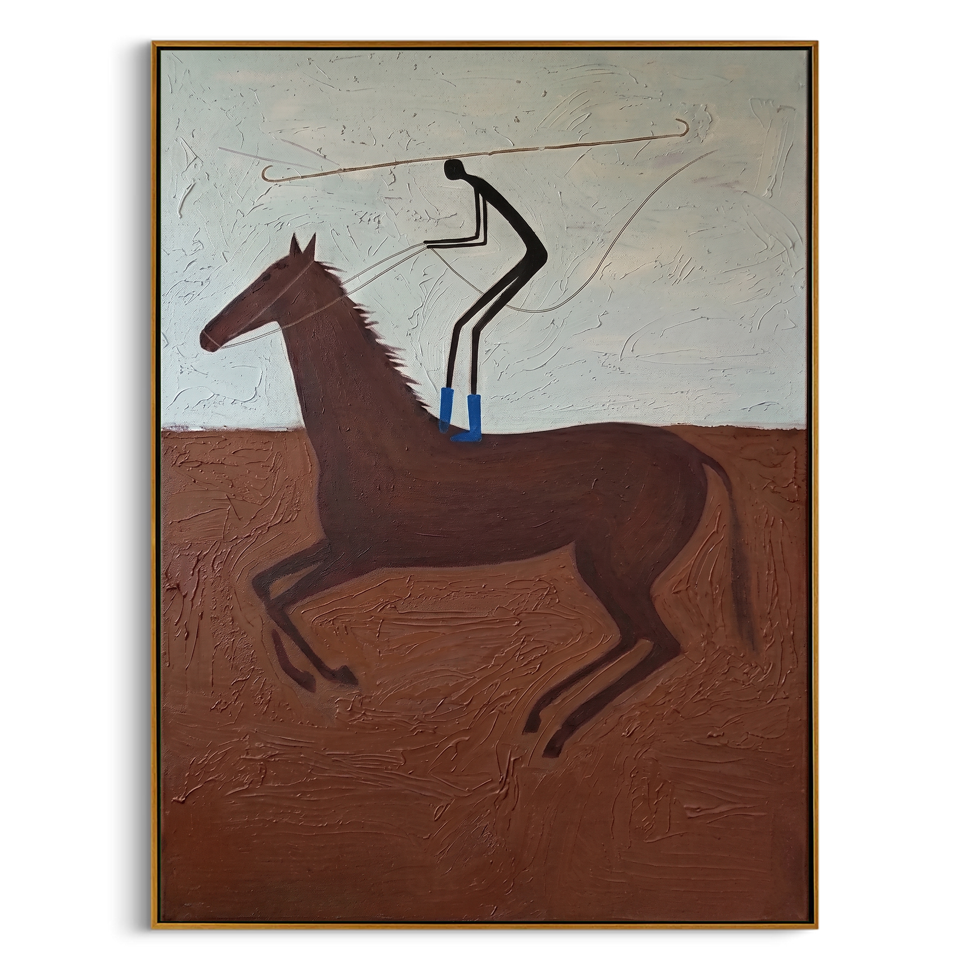 "The Lasso Rider" – Modern Heavy Impasto Western Art | 3D Terracotta & Sky Blue Palette Knife Painting | Luxury Vertical Wall Art #AB 009