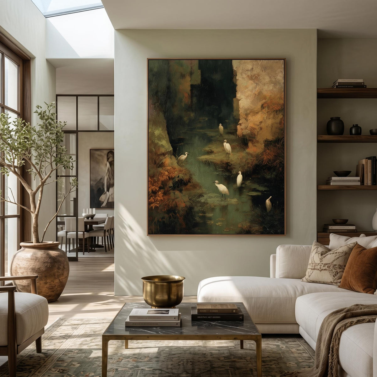 "Wetland Egret" - Modern Heavy Impasto Abstract Artwork | Golden Palette Knife Painting | Luxury Vertical Wall Art #YK 1550