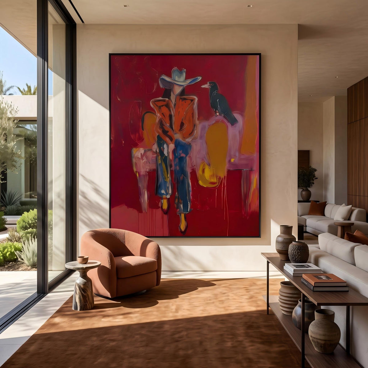 "Crow Cowgirl" - Modern Heavy Impasto Western Animal Artwork | Golden & Pink Palette Knife Painting | Luxury Vertical Wall Art #YK 1575