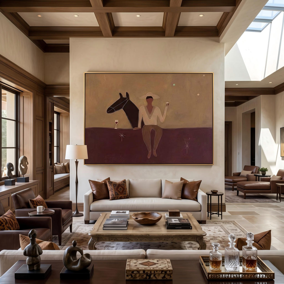 "Western Cowboy and Horse" - Modern Heavy Impasto Western Animal Artwork | Purple Palette Knife Painting | Luxury Horizontal Wall Art #YK 1569