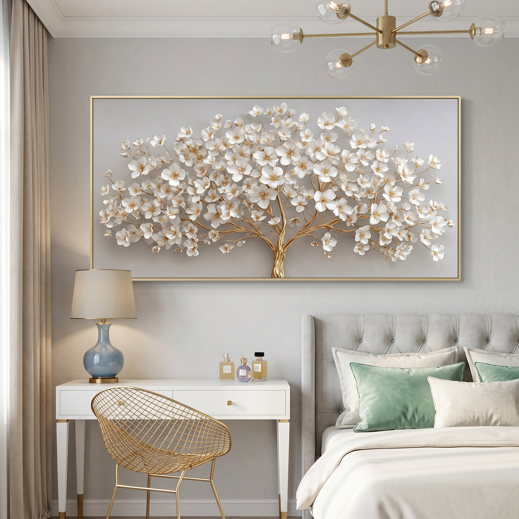 "Gilded Prosperity" – Modern 3D Heavy Impasto Blossom Tree | Luxury Horizontal Statement Art