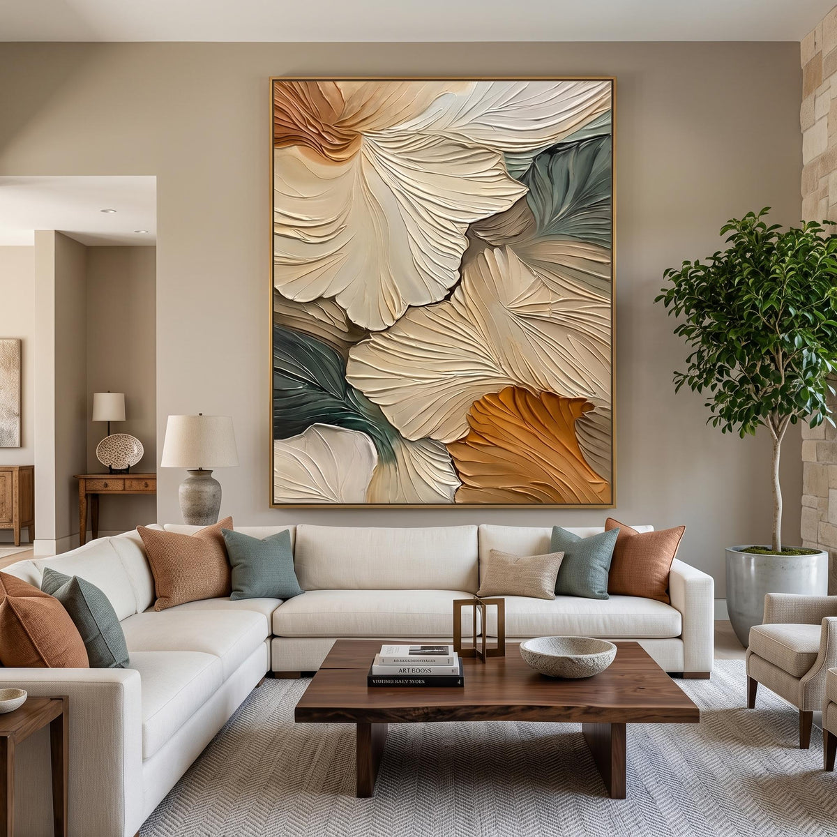 "Abstract Ginkgo Leaf" - Modern Heavy Impasto Botanical Tree Artwork | Beige Palette Knife Painting | Luxury Vertical Wall Art #YK 1548