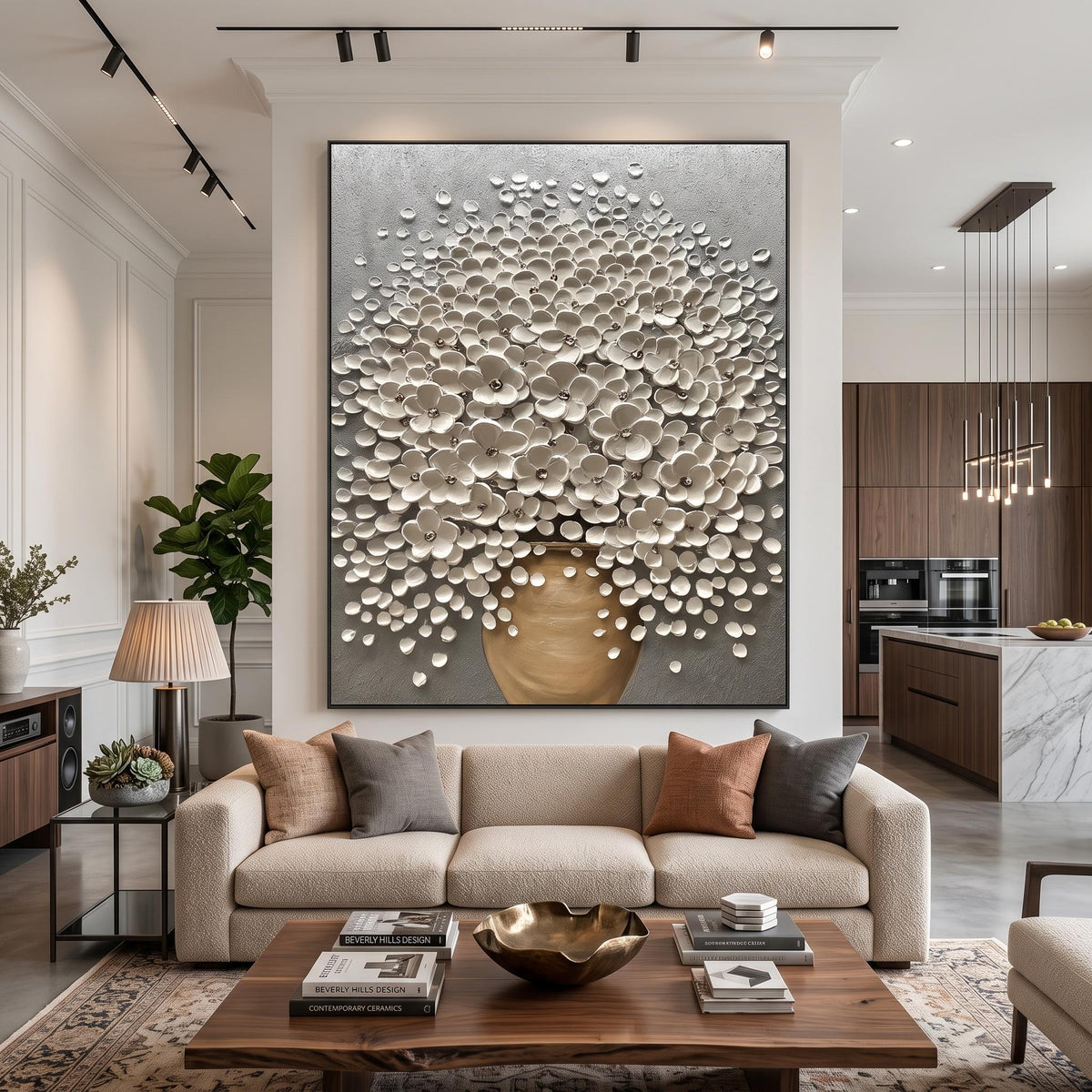"Luxury 3D Blossom Wall" - Modern Heavy Impasto Floral Abstract | 3D Grey Palette Knife Painting | Luxury Vertical Wall Art #YK 1549