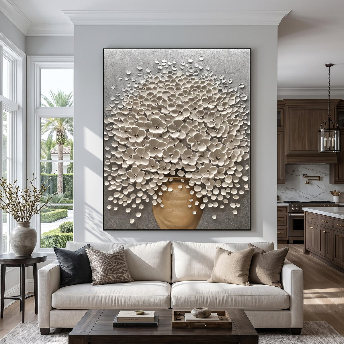 "Luxury 3D Blossom Wall" - Modern Heavy Impasto Floral Abstract | 3D Grey Palette Knife Painting | Luxury Vertical Wall Art #YK 1549