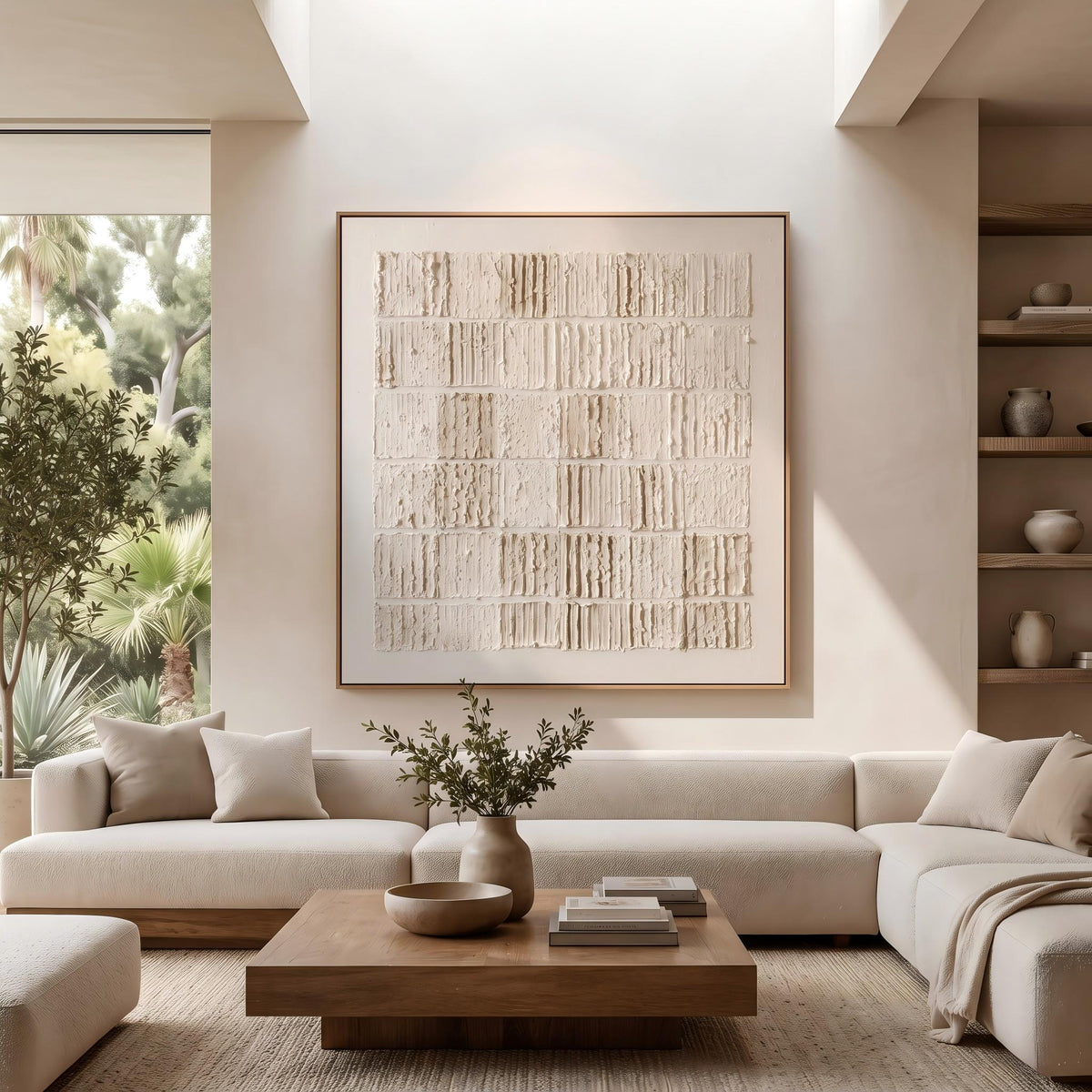 "Cream Block Relief Abstract" - Modern Heavy Impasto Abstract Artwork | White Palette Knife Painting | Luxury Square Wall Art #YK 1556