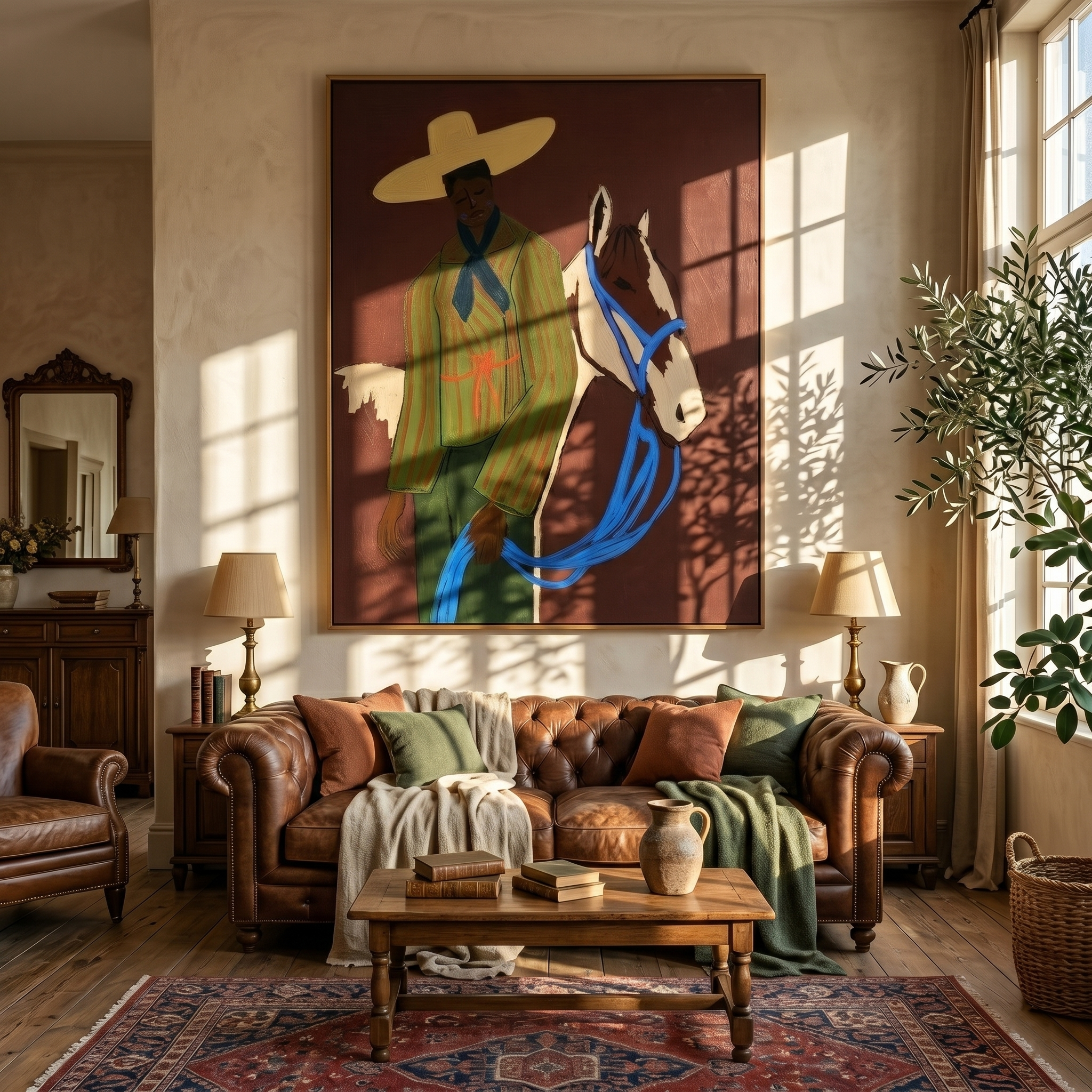 "The Herder & His Pinto" – Modern Heavy Impasto Folk Western Art | 3D Russet & Cobalt Palette Knife Painting | Luxury Vertical Wall Art #PT 022