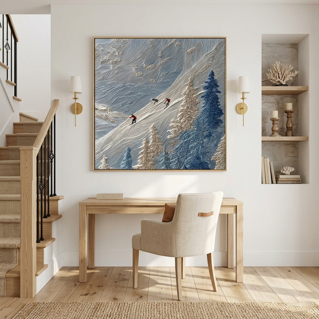 "Alpine Pulse" – Modern 3D Impasto Ski Mountain Relief | Winter Adventure Statement Art