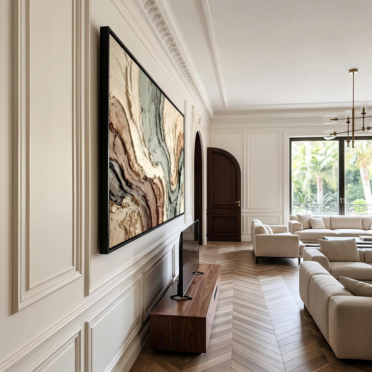 "Muted Green Brown Flow Textured Art" - Modern Heavy Impasto Abstract Artwork | Beige Palette Knife Painting | Luxury Horizontal Wall Art #YK 1612