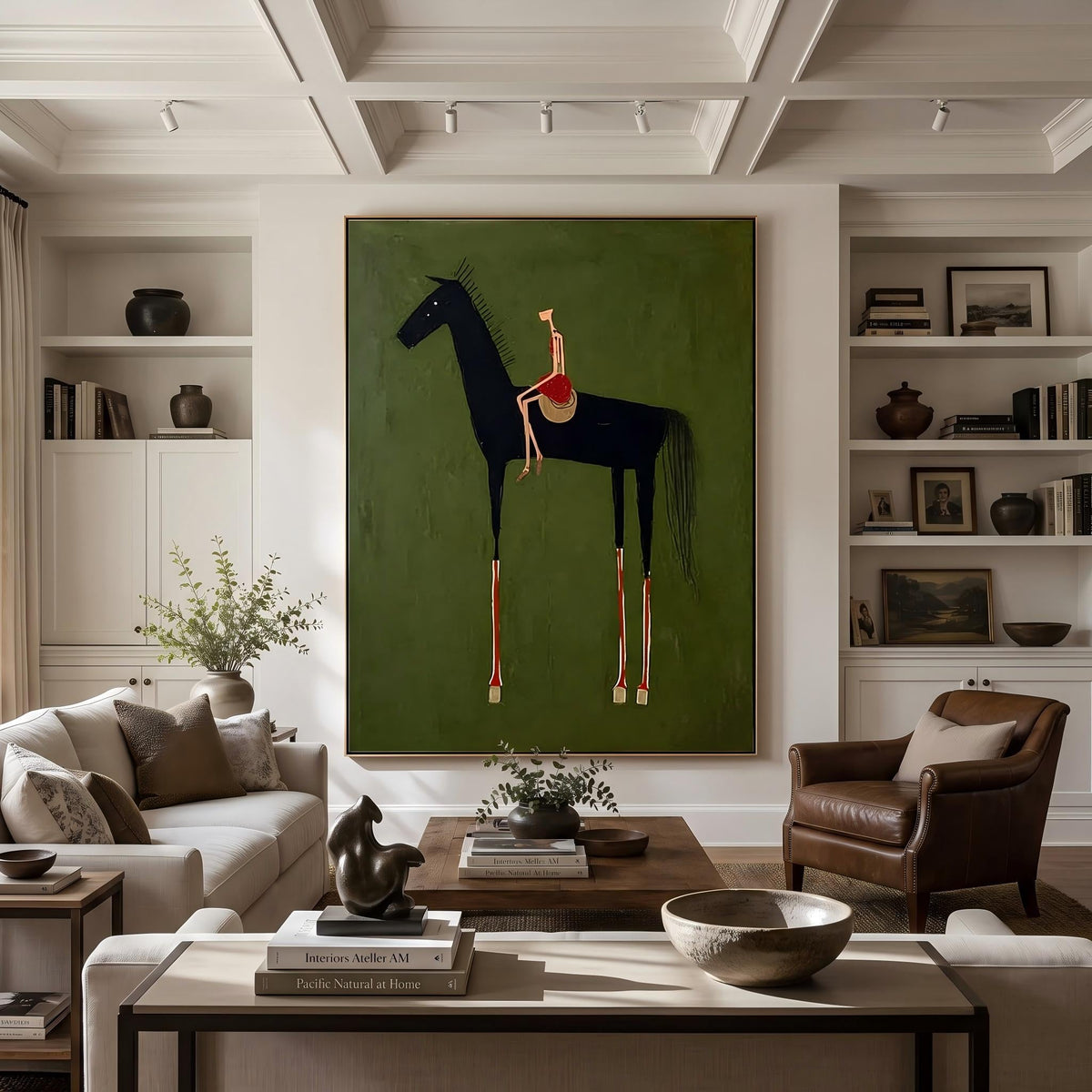 "Black Horse & Rider" - Modern Heavy Impasto Western Animal Artwork | Green Palette Knife Painting | Luxury Vertical Wall Art #YK 1558