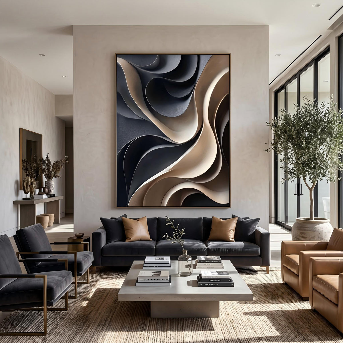 "Layered Wave" - Modern Heavy Impasto Ocean Wave Seascape | Beige Palette Knife Painting | Luxury Vertical Wall Art #YK 1563