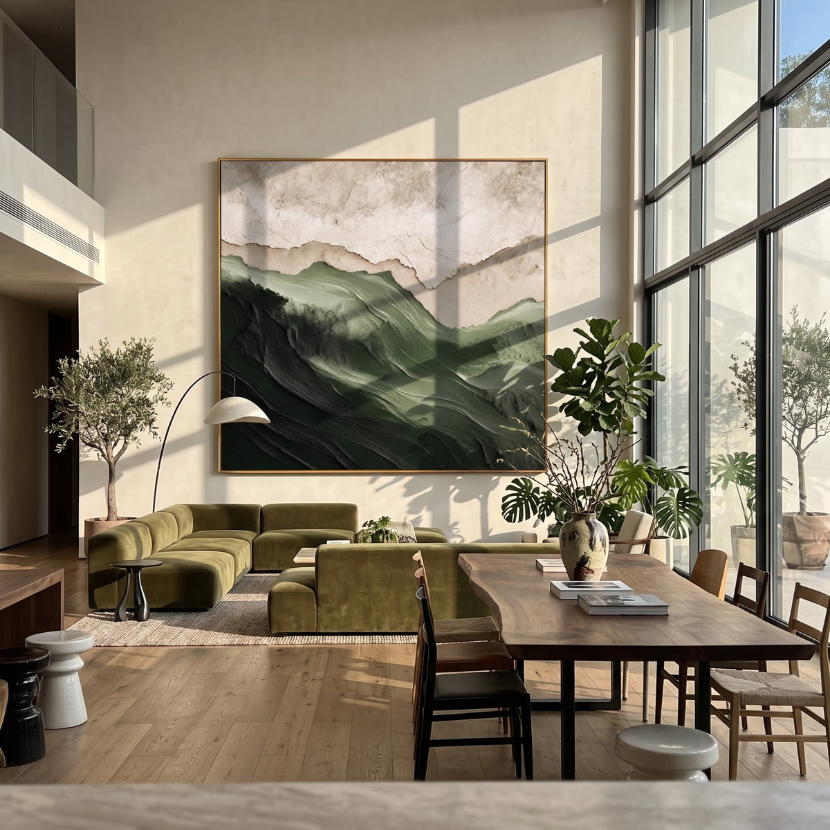 "Forest Ridge" - 3D Wabi-Sabi Mountain Relief | Green Beige & White Square Textured Art
