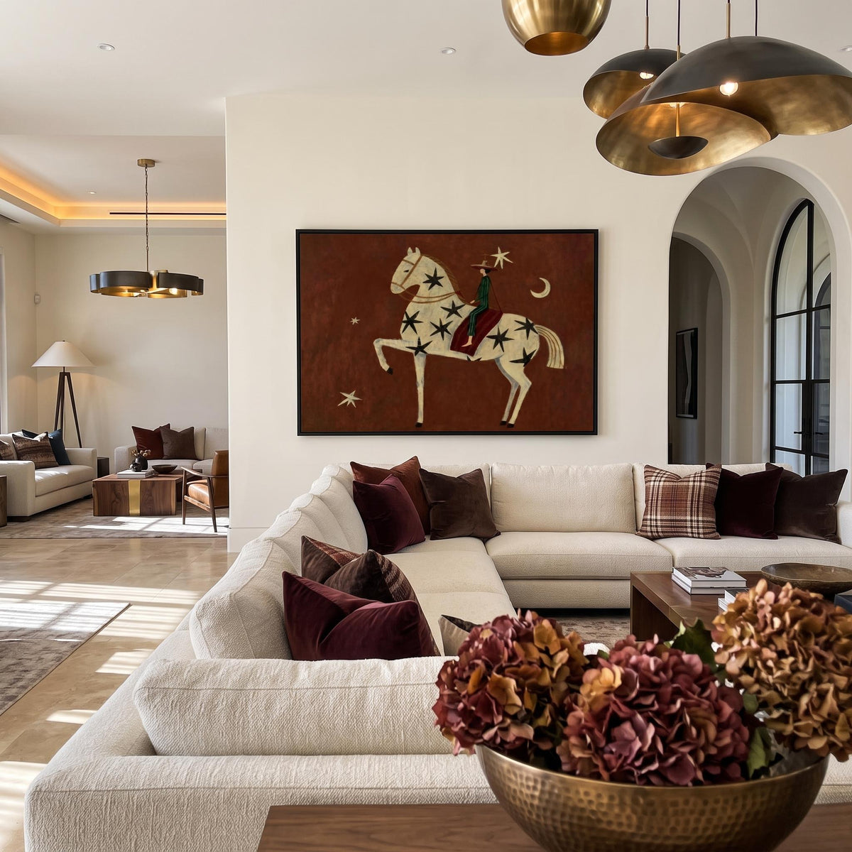 "Rust Red Stylized Horse With Moon & Stars" - Modern Heavy Impasto Western Animal Artwork | Orange Palette Knife Painting | Luxury Horizontal Wall Art #YK 1597