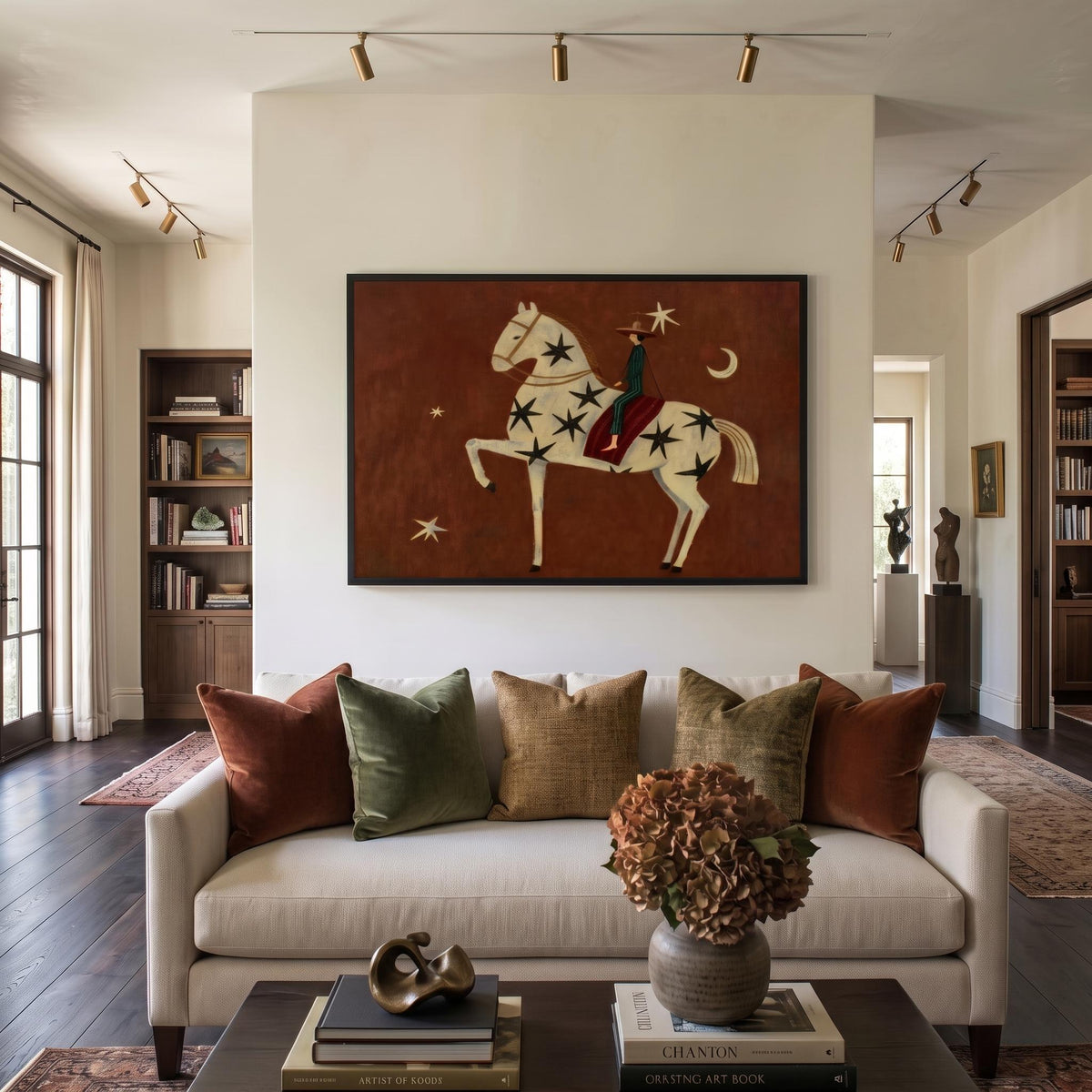 "Rust Red Stylized Horse With Moon & Stars" - Modern Heavy Impasto Western Animal Artwork | Orange Palette Knife Painting | Luxury Horizontal Wall Art #YK 1597
