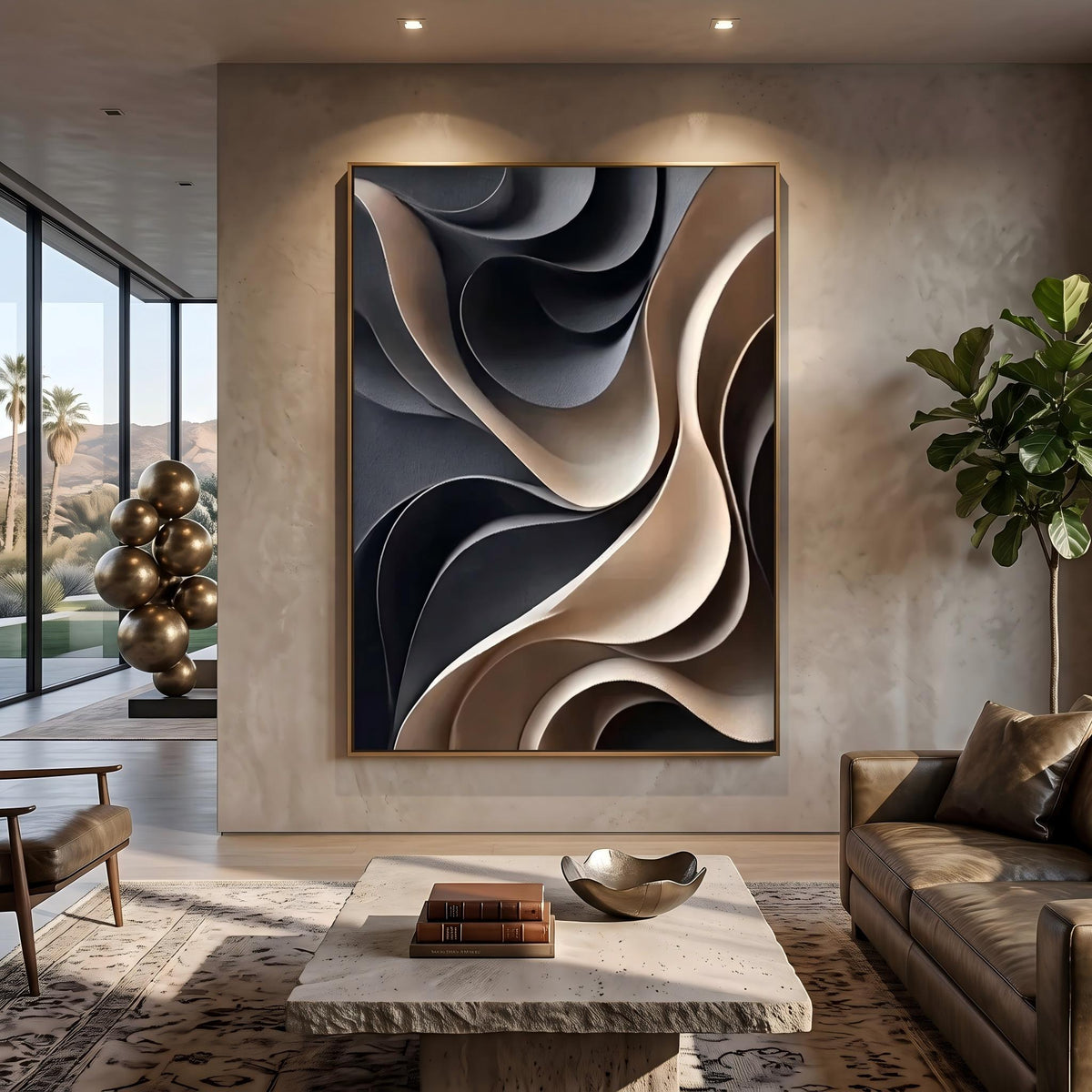 "Layered Wave" - Modern Heavy Impasto Ocean Wave Seascape | Beige Palette Knife Painting | Luxury Vertical Wall Art #YK 1563