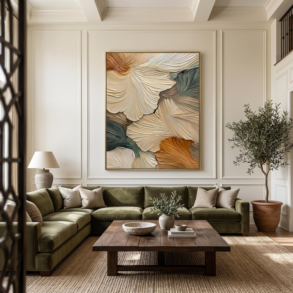 "Abstract Ginkgo Leaf" - Modern Heavy Impasto Botanical Tree Artwork | Beige Palette Knife Painting | Luxury Vertical Wall Art #YK 1548