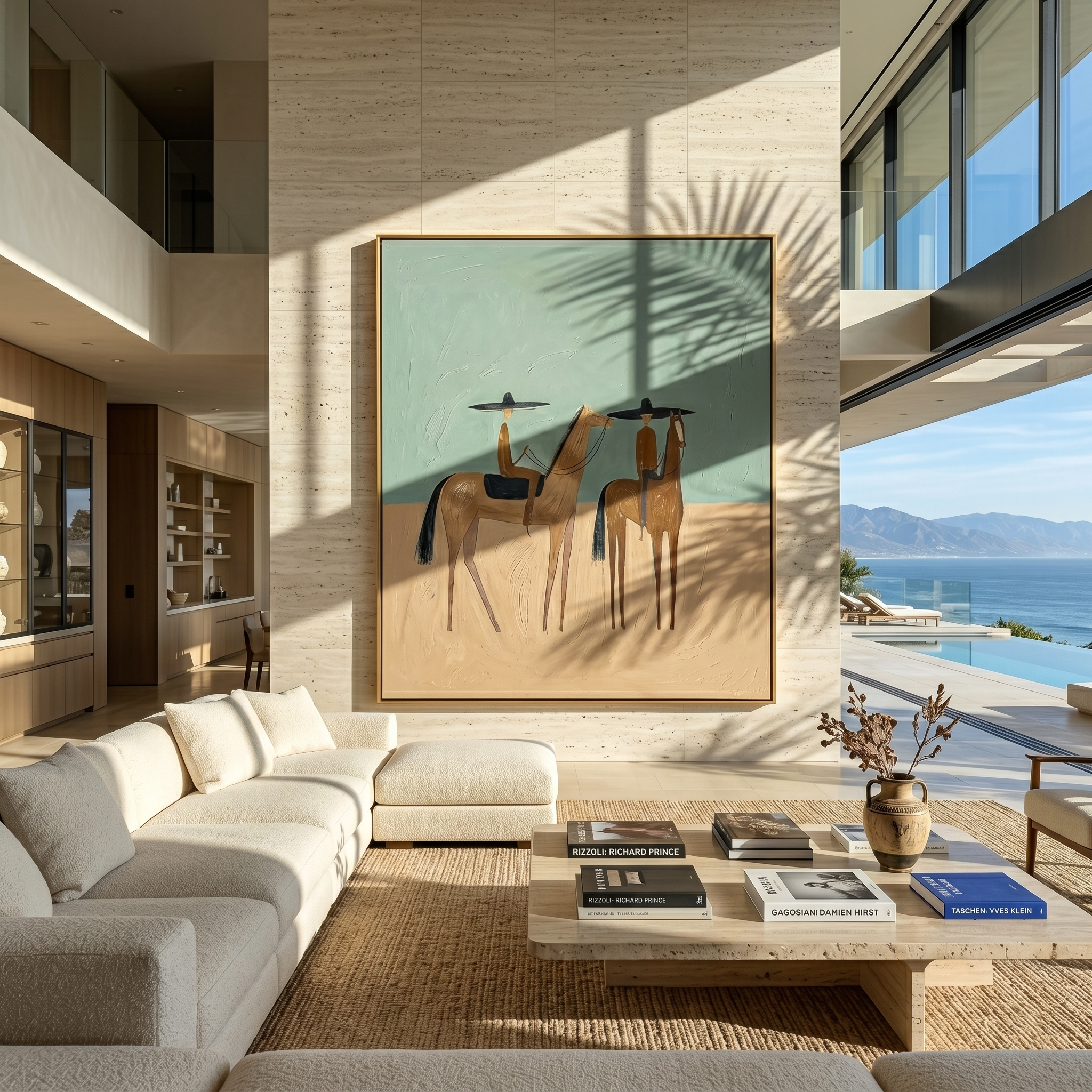 "Two Riders at Rest" – Modern Heavy Impasto Western Art | 3D Sage & Sand Palette Knife Painting | Luxury Vertical Wall Art #AB 011