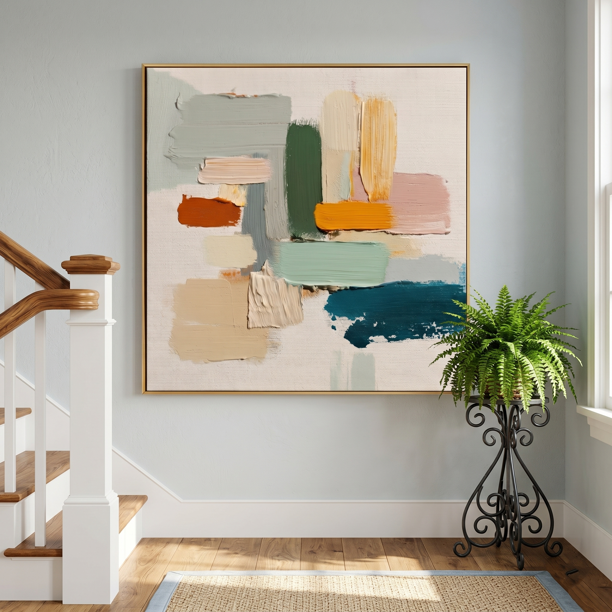 "Botanical Balance" – Modern Abstract Impasto Color Block Canvas | Organic Modern Living Room Art