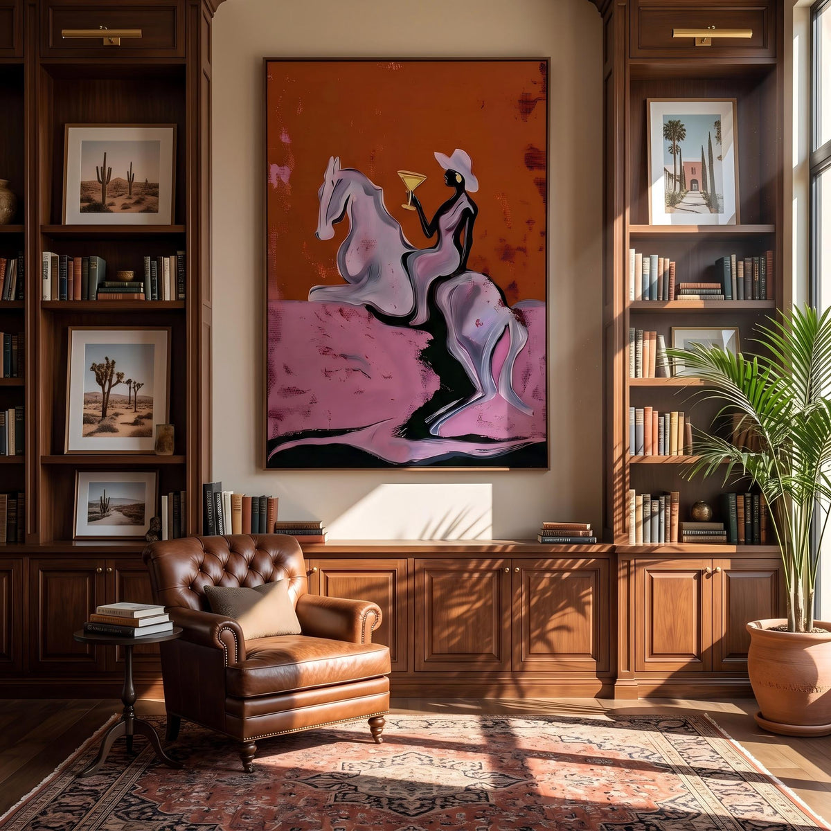 "Cowgirl Martini Ride" - Modern Heavy Impasto Western Animal Artwork | Pink Palette Knife Painting | Luxury Vertical Wall Art #YK 1571