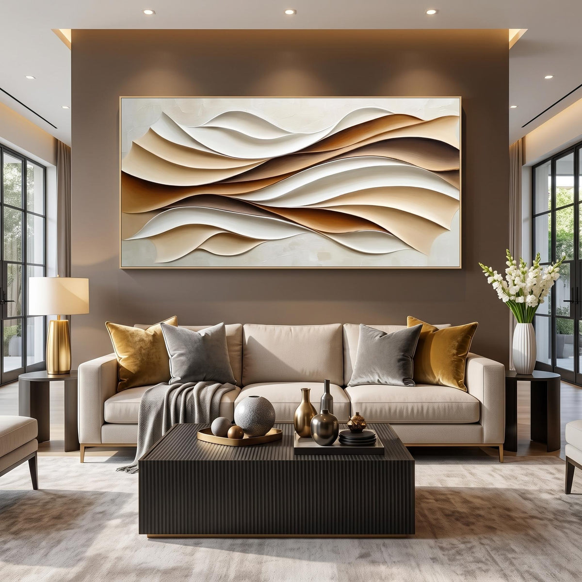 "Layered Wave" - Modern Heavy Impasto Ocean Wave Seascape | Beige Palette Knife Painting | Luxury Horizontal Wall Art #YK 1555